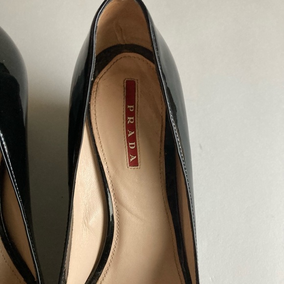 Prada Black Patent Leather Bow Logo Open Toe Wedges size EUR 38, US 7.5 - Picture 15 of 16